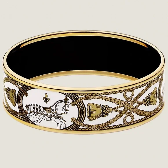 HERMES Black/White and 18k plated enamel bangle. - Picture 5 of 8